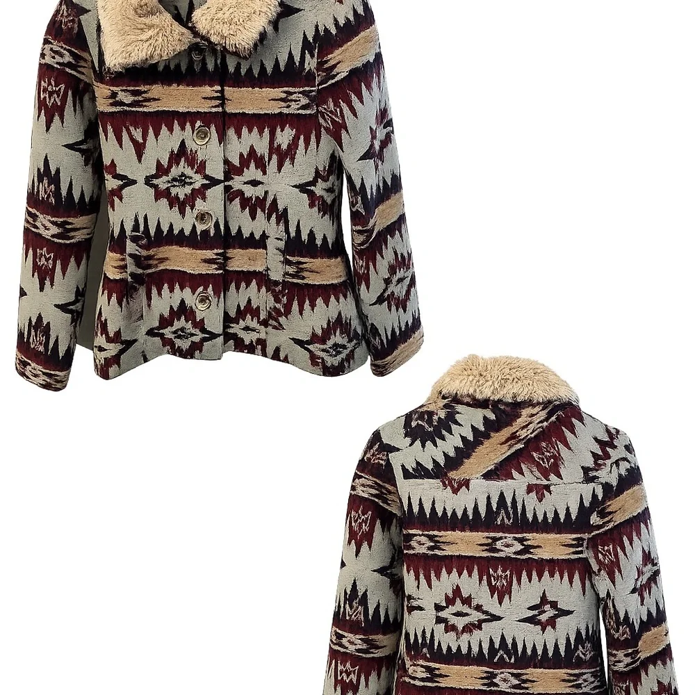 Women's Aztec Print Faux-Shearling Collar Coat - Beige & Burgundy - Picture 1 of 1